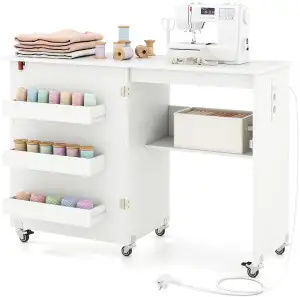GIANTEX Nähtisch mit Ladestation, Nähmaschinentisch klappbar, Nähschrank mit Rol