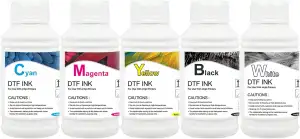 PLK DTF-Tinte für Direct Transfer Drucker – CMYK-W, 250 ml x 5 Flaschen, für T-Shirt Transferfolien-Druck