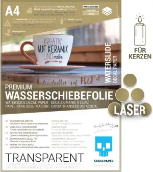 SKULLPAPER® Wasserschiebefolie TRANSPARENT für Laserdrucker - hauchdünn DIY Decal Abziehbild - Nassschiebefolie für Keramik, Glas, Kerzen, Metall, Kunststoff, Modellbau (A4-8 Blatt)