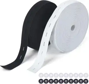2 Rollen 14M Gummiband mit Knopfösen, Flaches Nähband Gummiband mit Knopfloch,Gu