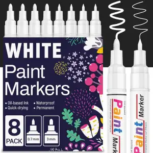 KERIFI Permanent Marker Wasserfeste Stifte, 8 Lackstift Weiß Wasserfest, Schnell Trocknender Paint Pen für Steine Bemalen Metall Kunststoff Reifen Schwarzes Papier Holz Keramik Glas Stoff 0.7mm & 3mm