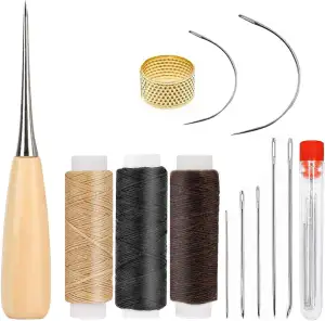 Ledernadel-Set mit Ahle & gewachstem Garn | Professionelles Nähwerkzeug für Lederreparatur | Inkl. Nadeln, Faden, Fingerhut | Für Polstermöbel, Schuhe, Sattel