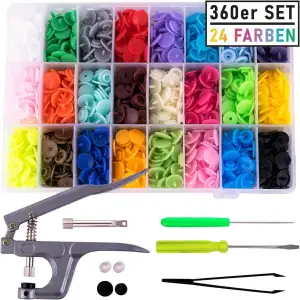 pajoma 360er Set 24 Farben T5 Druckknöpfe + Zange (T3, T5, T8) für alle Arten DI