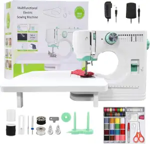 Multifunktionale elektrische Nähmaschine für Anfänger, 12 Stichmuster, Ein-Klick-Einfädelung, Gleichstrombetrieb, mit Verlängerungstisch und Zubehörset