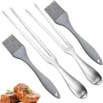 2 Stück 30.5/26.5 cm Fleischgabel Edelstahl und 2 Silikon Ölbürste, Fleischgabel Klein und Groß S...
