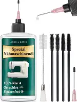 Lange & König 100 ml Nähmaschinenöl Pflege Set - Klar, Geruchlos, Nicht fleckend Inkl. 2x Präzisions-Dosierspitzen (25mm & 38mm) + 5 Reinigungsbürsten - Nähmaschine Zubehör Nähzubehör für Nähmaschine