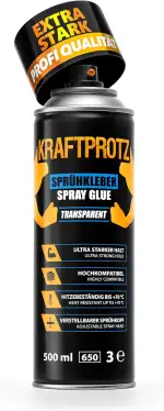 Sprühkleber extra stark 500 ml – für Schaumstoff, Filz, Leder, Holz, Gummi & Akustikpaneele – ideal für Dachhimmel, Möbel, Modellbau, DIY & KFZ-Ausbau – transparent & hitzebeständig – KRAFTPROTZ