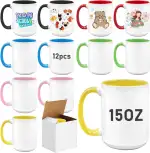 Sublimationstassen Rohlinge 12er Set, 450 ml (15 oz) Große Kaffeebecher mit farbigem Henkel & Innenseite, Spülmaschinenfest, AAA-Beschichtung, inkl. 12 Einzelkartons für DIY Geschenke, 6 Farben