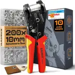 BAURIX® Ösenzange für Planen inkl 200 rostfreie Ösen (Ø 10mm) für PVC, Stoff, Leder – Ohne Vorstanzen – Hält Ösen magnetisch – Karbonstahl-Werkzeug – ideal für Schneider, Heimwerker & Bastler – TALOS