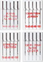 20 Nähmaschinennadeln: Jeans, Jersey, Stretch und Leder; je 5 Stück/Sorte in Verschiedenen Größen; System: Flachkolben (130R/705H)