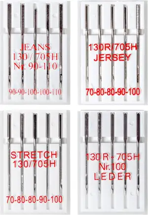 20 Nähmaschinennadeln: Jeans, Jersey, Stretch und Leder; je 5 Stück/Sorte in Ver