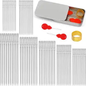70 Stück Handnähnadeln, Nähnadeln mit Großem Öhr, Nähnadeln aus Edelstahl, Stopfnadel Nadeleinfädler und Fingerhut zum Nähen, Reparieren, Quilten und Basteln von Leder (7 Größen)