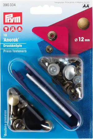 Prym 390334 Nähfrei-Druckknopf Anorak, 12mm, altmessing, 10 Stück mit Werkzeug