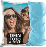 Print Royal Flauschiges Fotokissen selbst gestalten - inklusive Kissenfüllung - Fotokissen personalisierbar mit Foto und Wunschtext | 40 x 40 cm - flauschig - Rückseite Hellblau