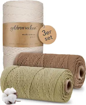 goldmariechen Premium Makramee Garn 3er Set (Naturell, Taupe, Salbei) | 3mm | 10