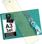 OfficeTree Schneidematte A3 Set + Rollschneider + Patchworklineal 60 cm - Schneidematte Set für professionelle Schnittarbeiten - Nähzubehör für Kreative (Grün)