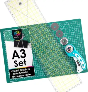 OfficeTree Schneidematte A3 Set + Rollschneider + Patchworklineal 60 cm - Schnei